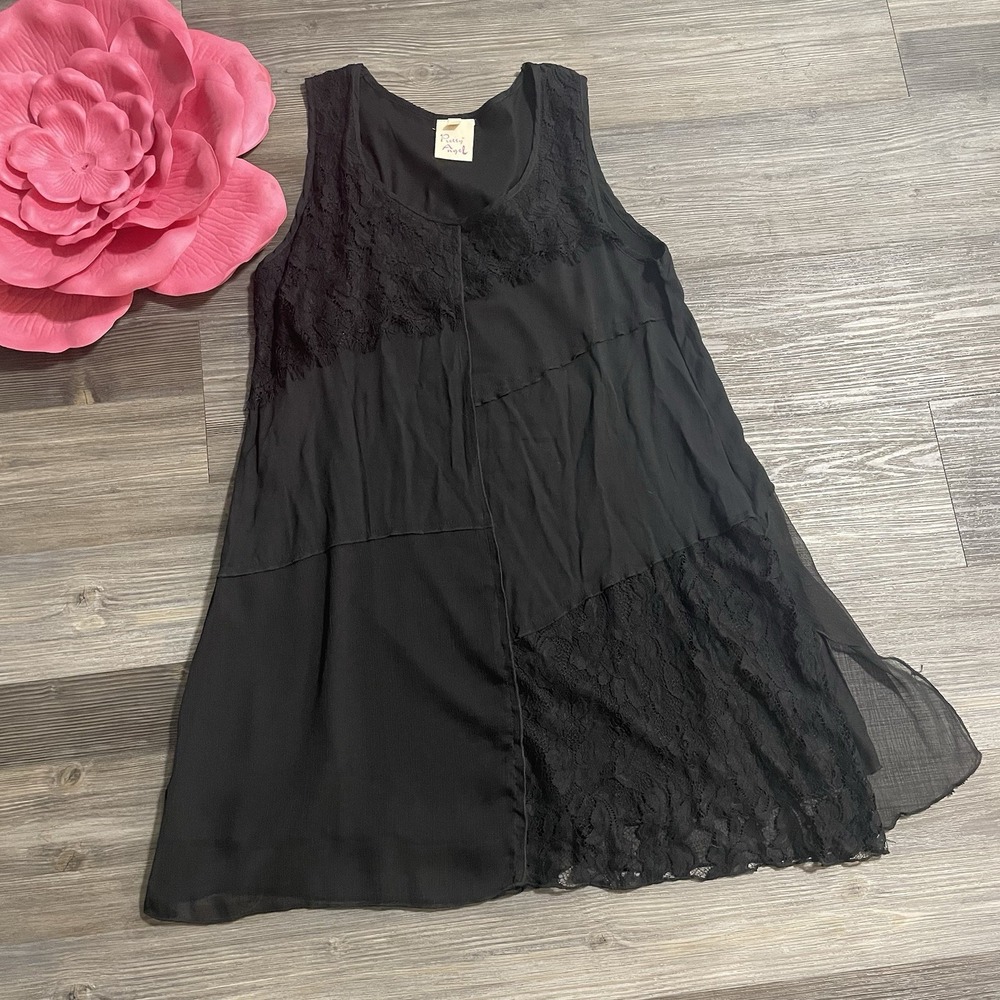 VTG PRETTY ANGEL Sz M Black Lace Trim Side Slits Tunic Top Whimsigoth‎ Patchwork